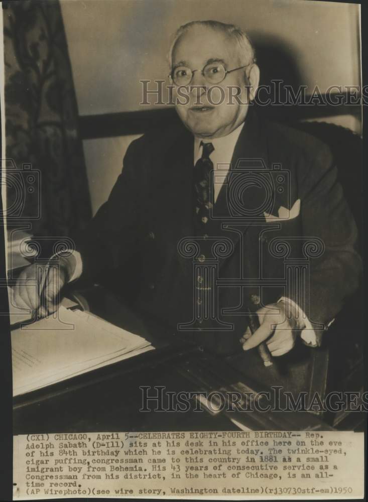 1950 Press Photo Representative Adolph Sabath celebrates 84th birthday, Chicago