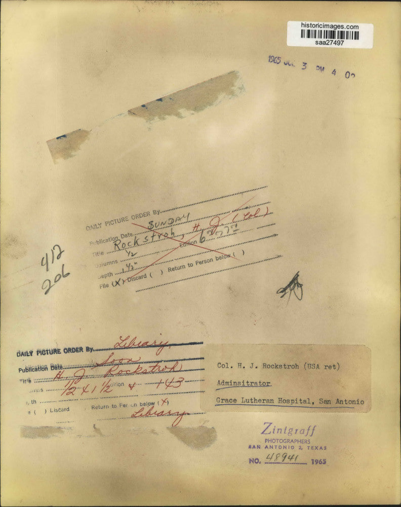 1965 Press Photo Colonel H. J. Rockstroh, Grace Lutheran Hospital, San Antonio