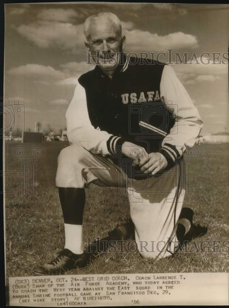 1956 Press Photo Coach Lawrence T. Shaw of Air Force Academy on field in Denver- Historic Images