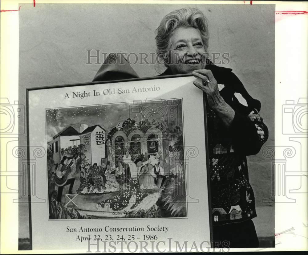 1986 Press Photo Caroline Shelton with Night in Old San Antonio poster, Texas