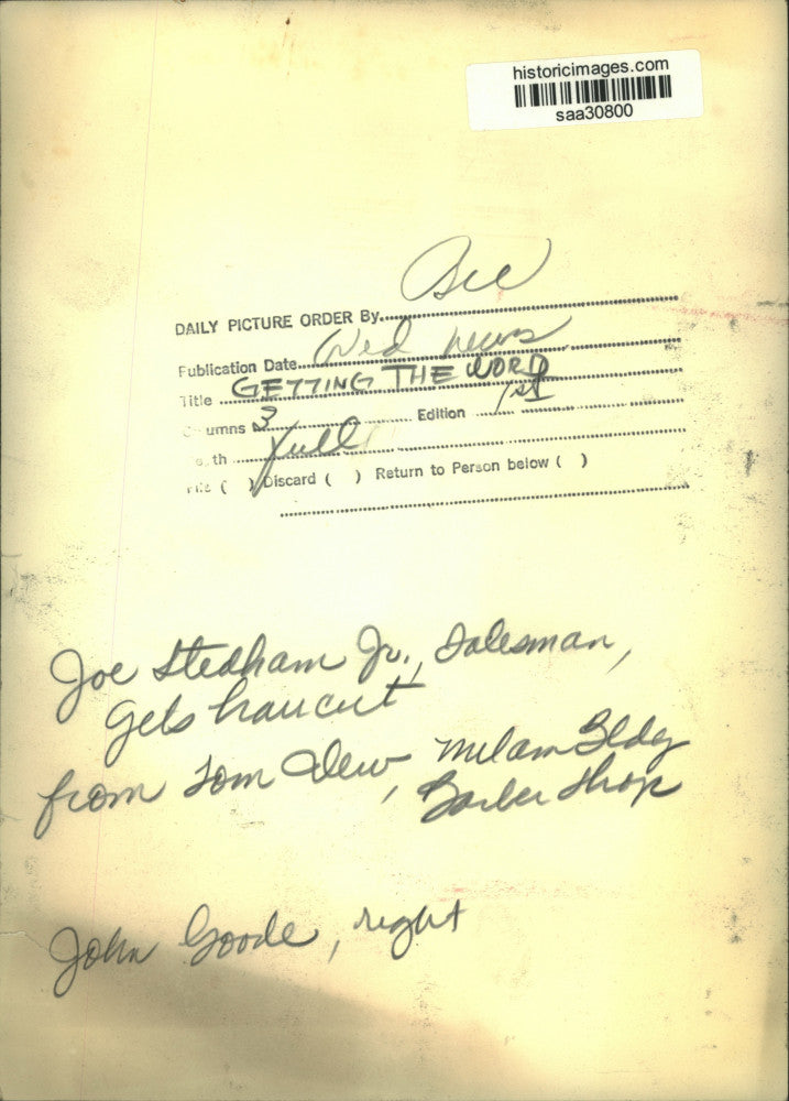 Press Photo Joe Stedham Jr., getting haircut with Tom Dew and John Goode