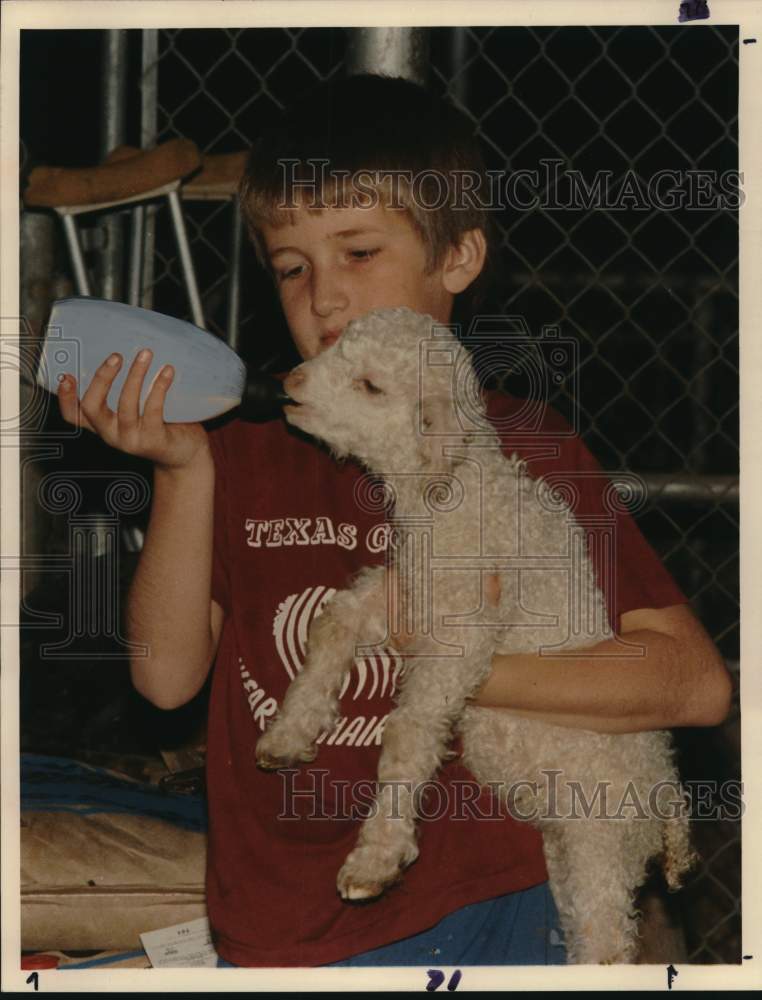 1989 Press Photo Sammy Burton, 10, feeding angora sheep at Stock Show, Texas- Historic Images