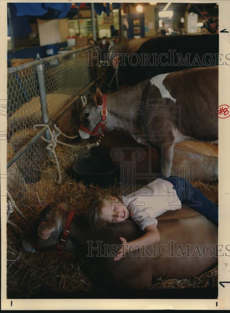 1990 Press Photo Jennifer Bobo &amp; dairy cows at San Antonio Stock Show &amp; Rodeo- Historic Images