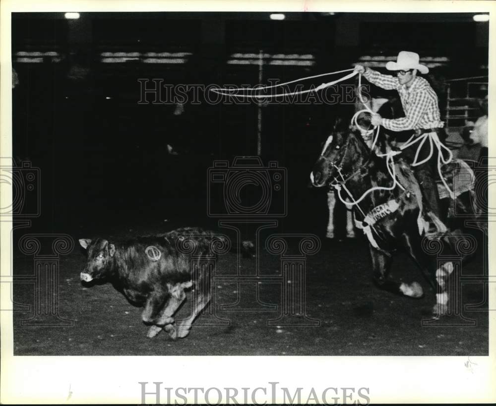 1984 Press Photo Rider working calves to prepare for rodeo, Texas - saa56916- Historic Images