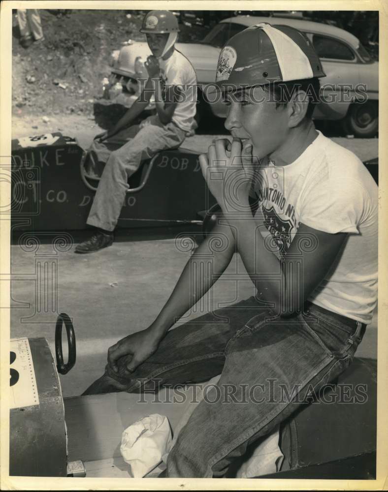 1957 Press Photo Boys on their cars ready for Soap Box Derby, Texas - saa59336- Historic Images
