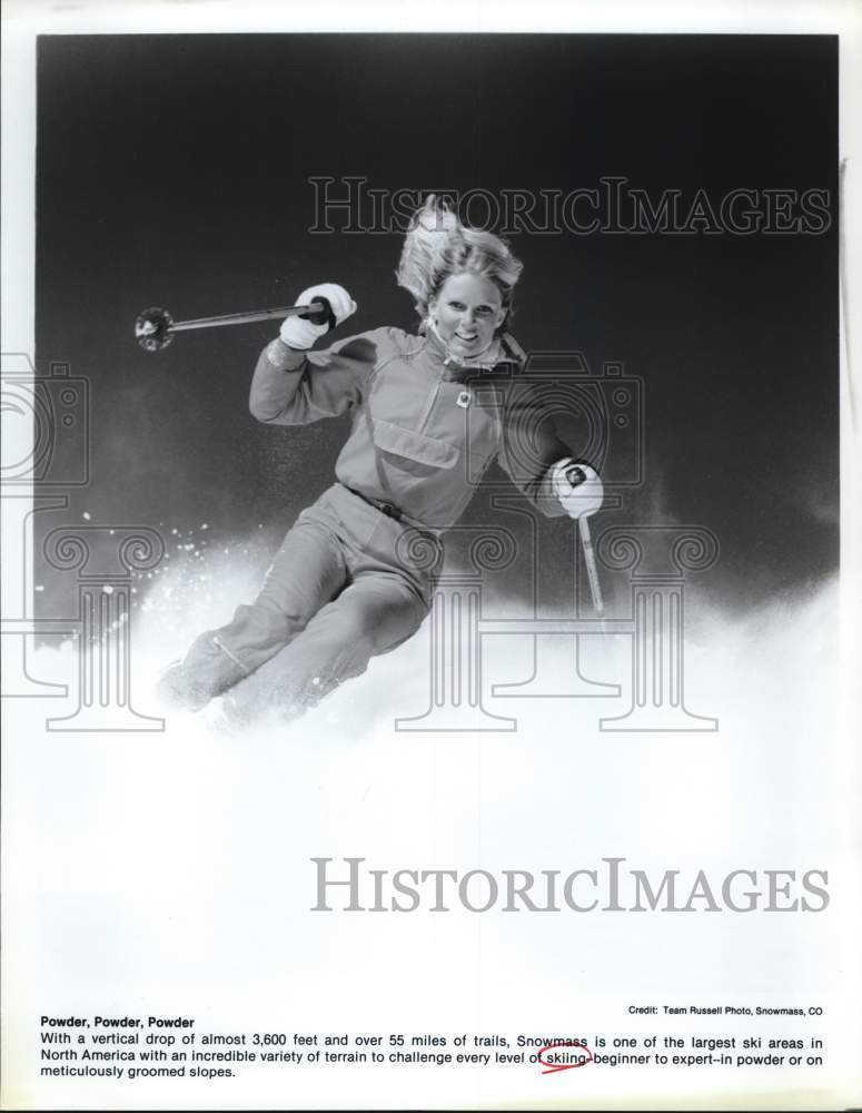 Press Photo Lady skiing snow trails in Snowmass, Colorado- Historic Images