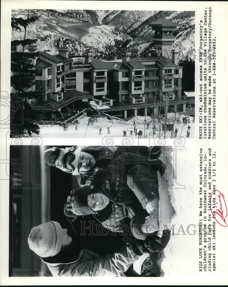 Press Photo Children sledding at Purgatory and a view of the Village Center, CO- Historic Images