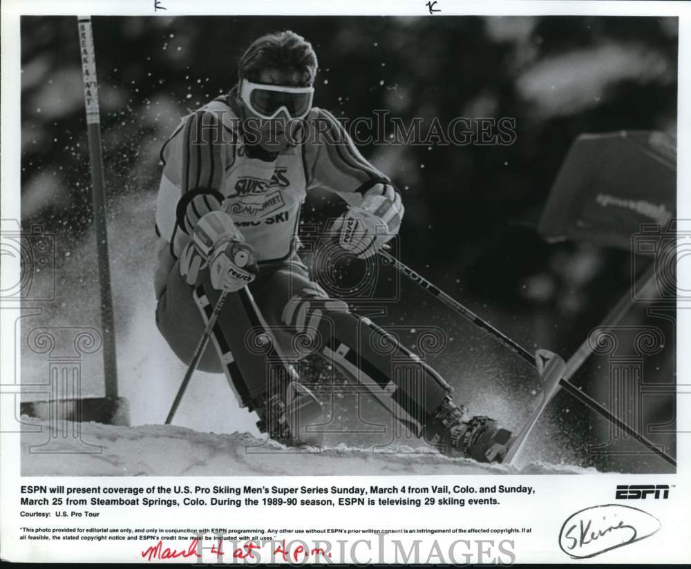 1989 Press Photo Skier competing in U.S. Pro Skiing Men&#39;s Super Series, Colorado- Historic Images