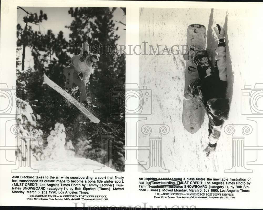 1990 Press Photo Snowboarder Alan Blackard in air; new boarder after wipe out- Historic Images