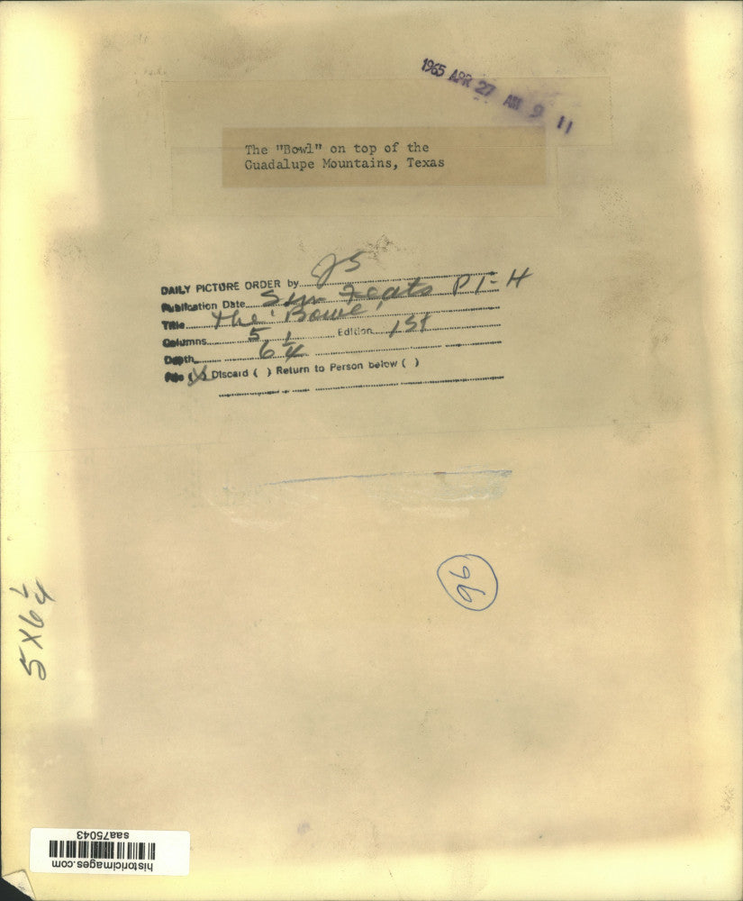 1965 Press Photo Aerial View of "The Bowl" in the Guadalupe Mountains in Texas