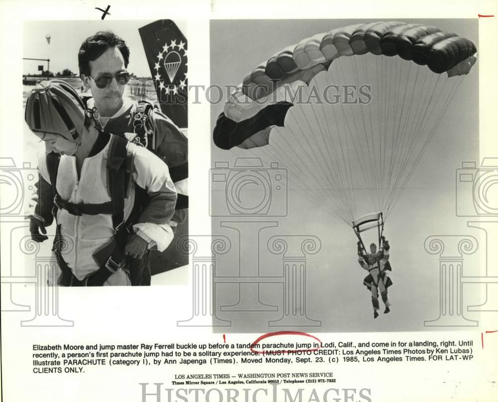 1985 Press Photo Parachute Jumpers Elizabeth Moore and Ray Ferrell in California- Historic Images