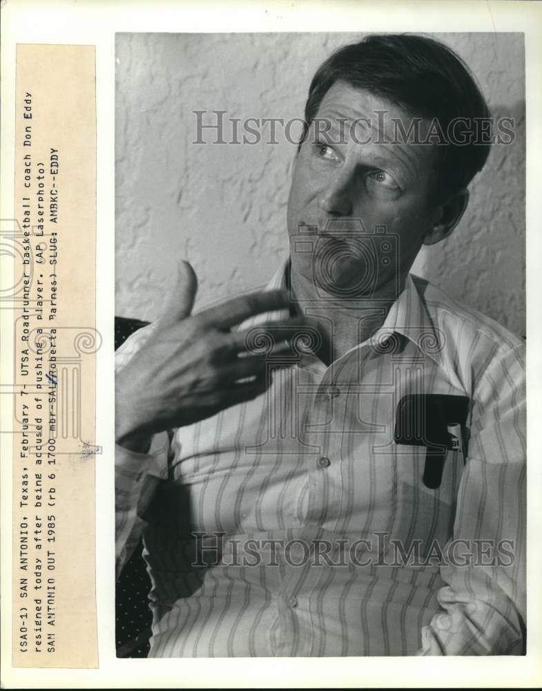 1985 Press Photo UTSA Roadrunner Basketball Don Eddy resigns in Texas- Historic Images