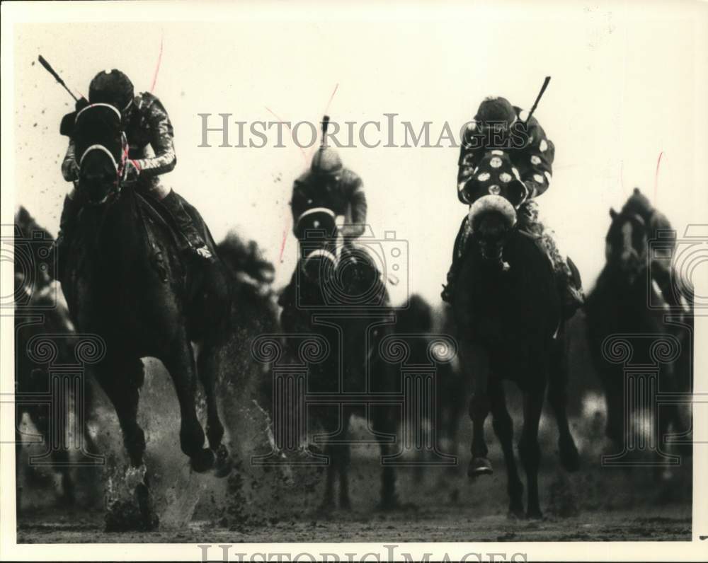 1989 Press Photo Race horses coming down the stretch in Breeders'Cup Day- Historic Images