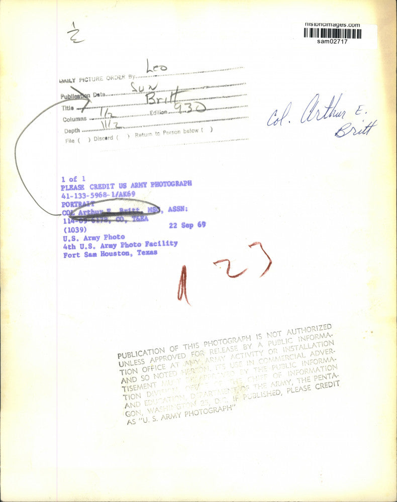 1969 Press Photo Colonel Arthur E. Britt, United States Army - sam02717