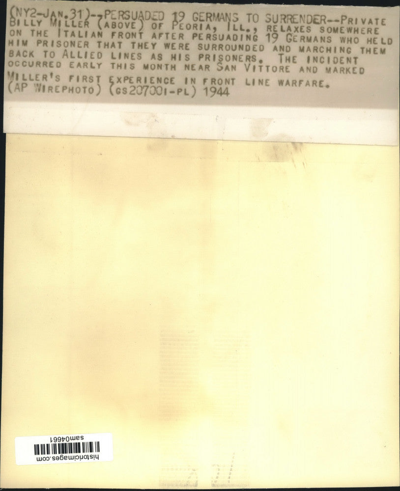 1944 Press Photo Private Billy Miller of Peoria, Illinois, on Italian Warfront