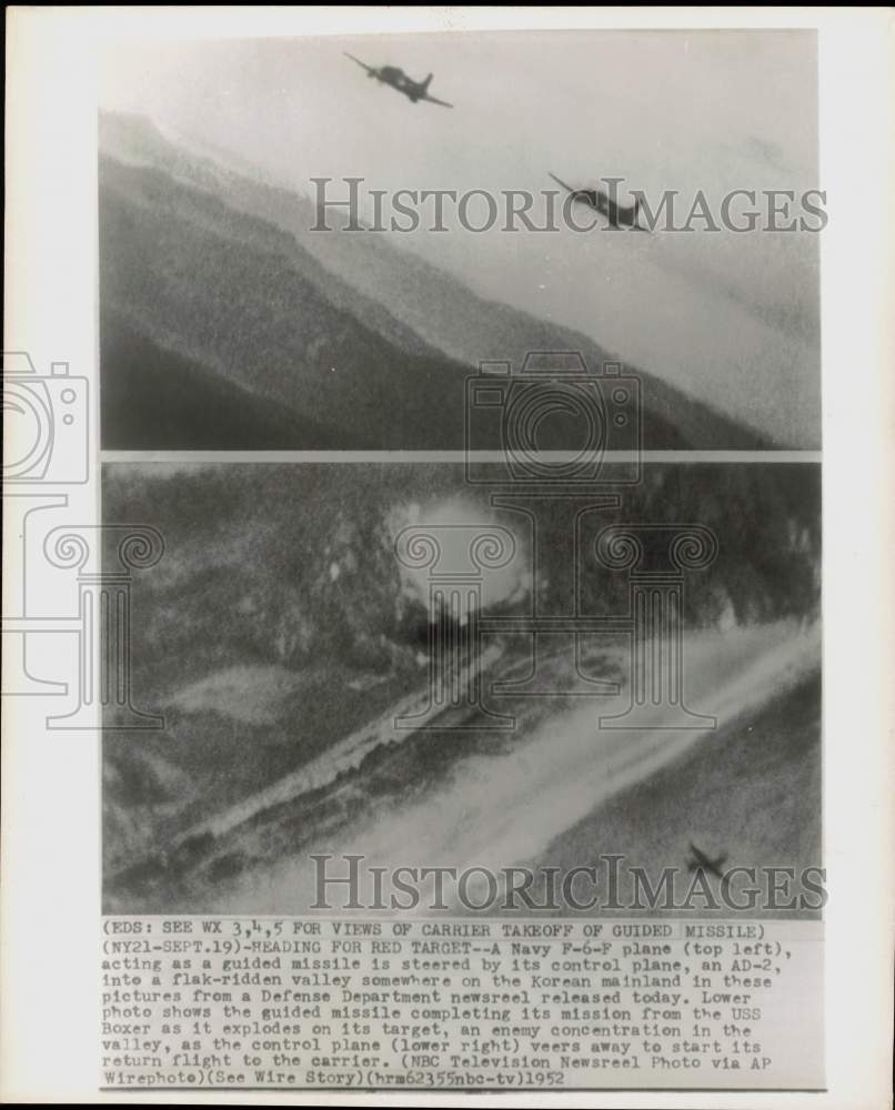 1952 Press Photo Navy F-6-F, AD-2 planes &amp; guided missile from USS Boxer, Korea- Historic Images