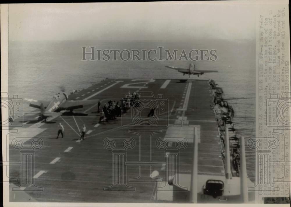 1952 Press Photo U.S. Navy control plane takes off from deck of USS Boxer