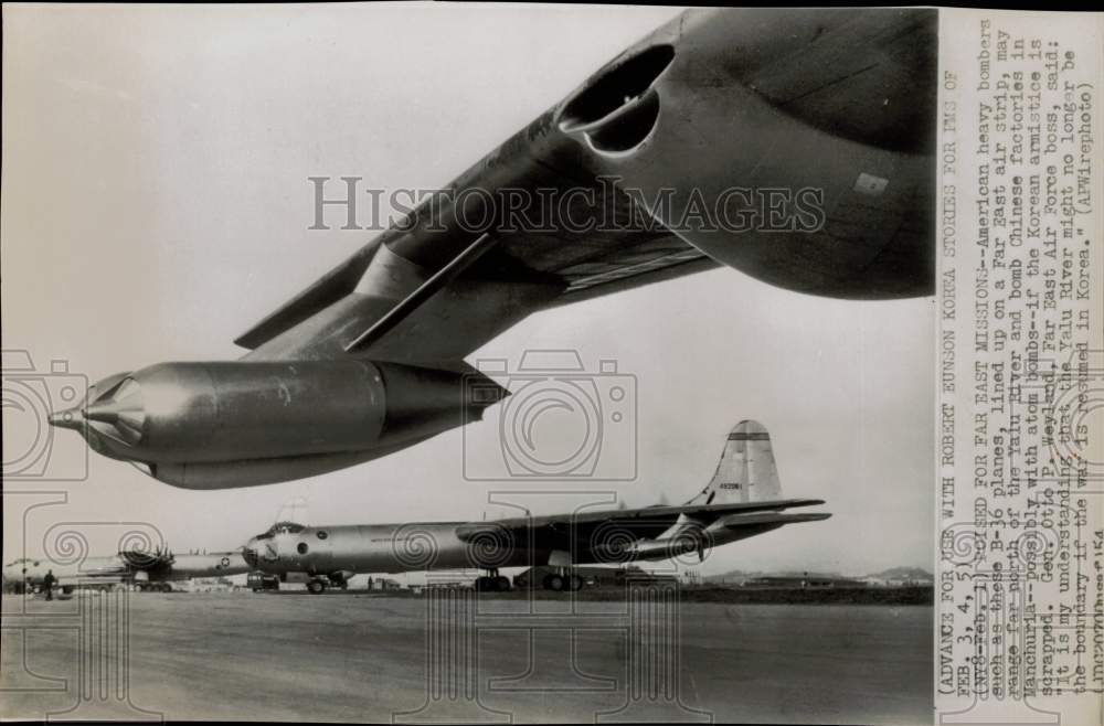 1954 Press Photo American B-36 bomber planes on Far East air strip - sam06577- Historic Images