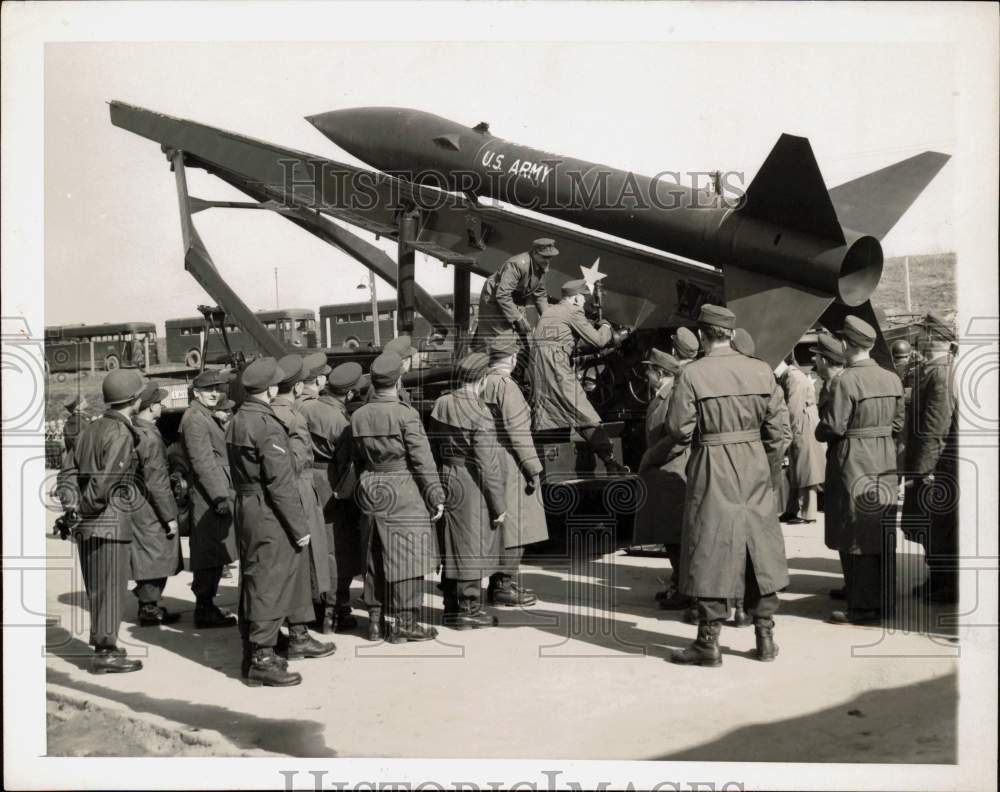 1957 Press Photo &quot;Honest John&quot; guided missile on display at Baumholder, Germany- Historic Images