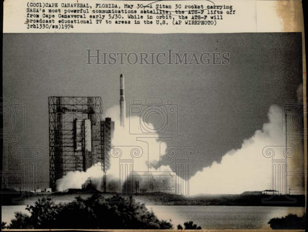 1974 Press Photo Titan 3C rocket with ATS-F lifts off from Cape Canaveral, FL- Historic Images