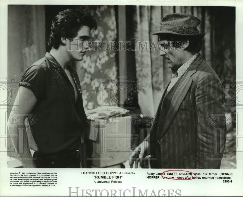 1983 Press Photo Actors Matt Dillon and Dennis Hopper in &quot;Rumble Fish&quot; movie- Historic Images