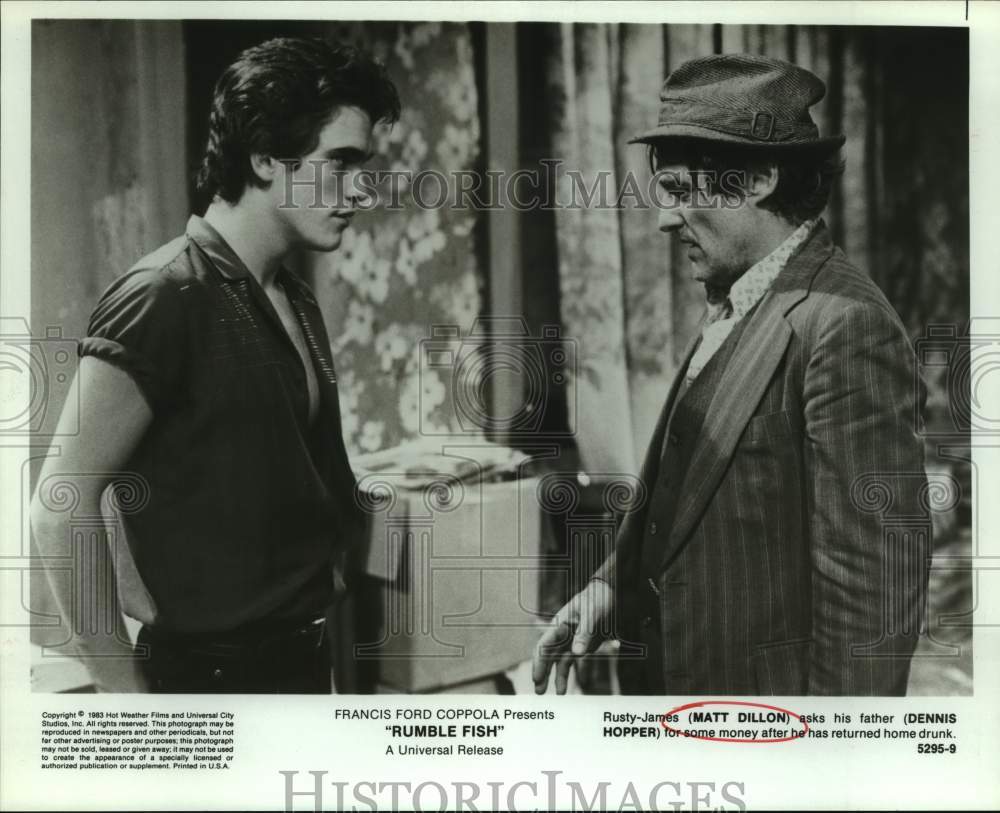 1983 Press Photo Actors Matt Dillon and Dennis Hopper in "Rumble Fish" movie- Historic Images