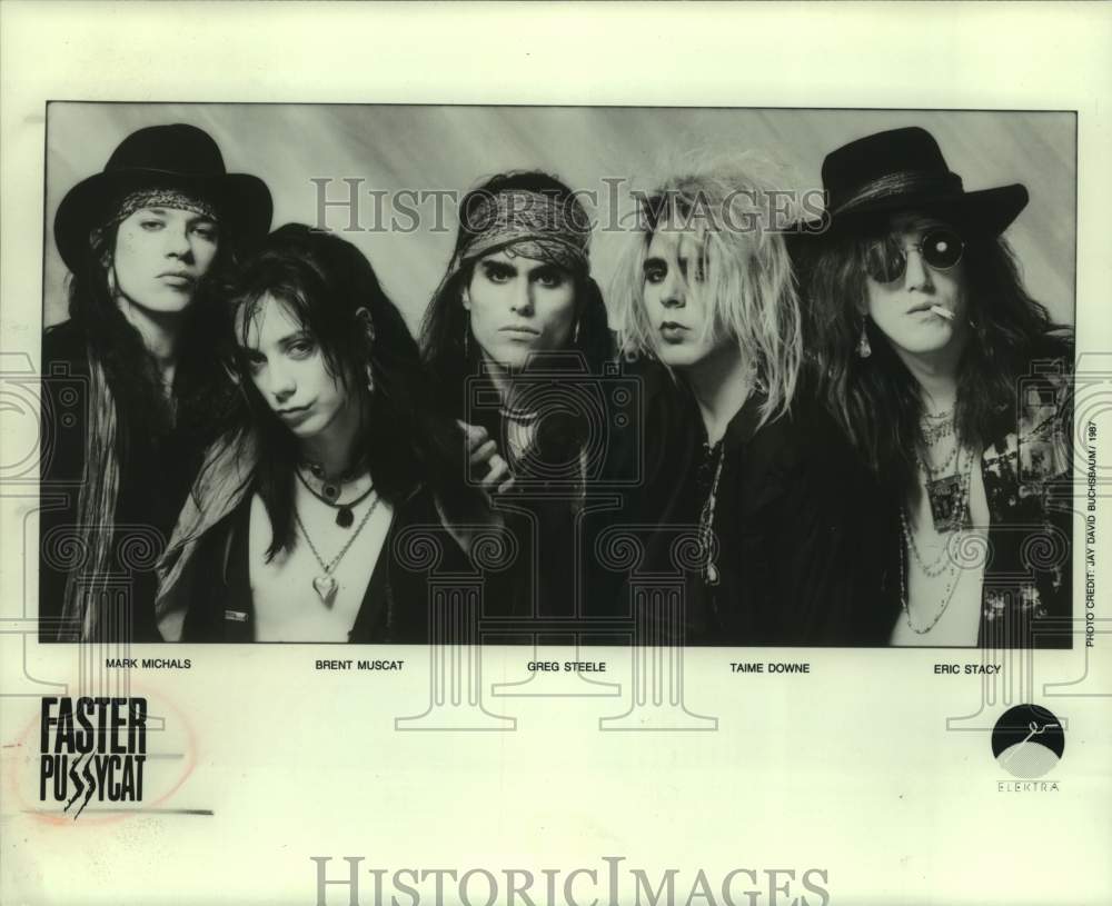 1987 Press Photo Five Members of the band Faster Pussycat standing - sap02838- Historic Images