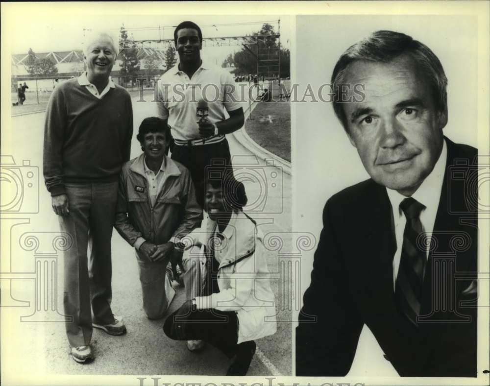 1983 Press Photo Dick Enberg with NBC crew at Track and Field Event in Finland- Historic Images