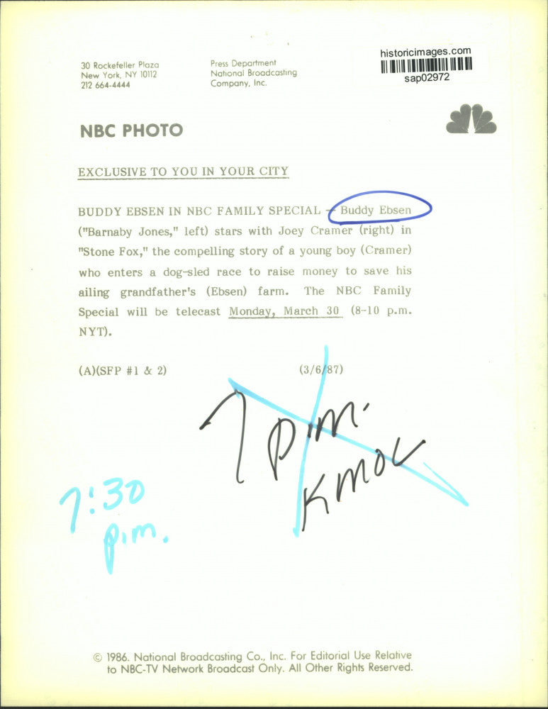 1986 Press Photo Actors Buddy Ebsen and Joey Cramer in "Stone Fox" on NBC