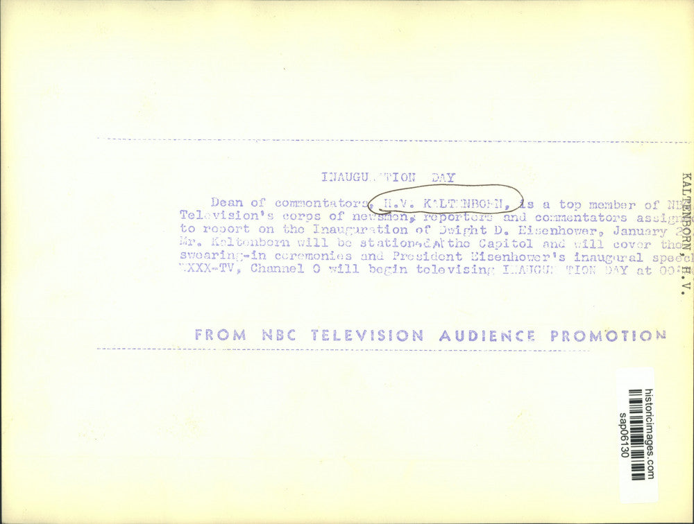 Press Photo H.V. Kaltenborn, NBC anchor for Inauguration of Dwight D. Eisenhower