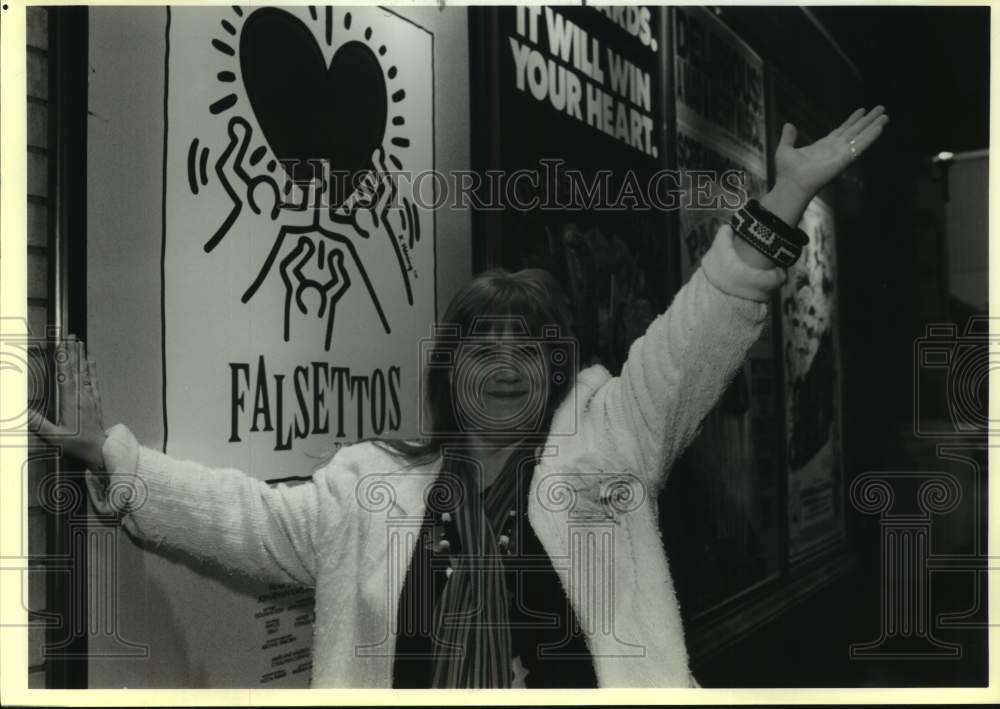 1992 Press Photo Heather MacRae next to Broadway hit "Falsettos" poster smiling- Historic Images