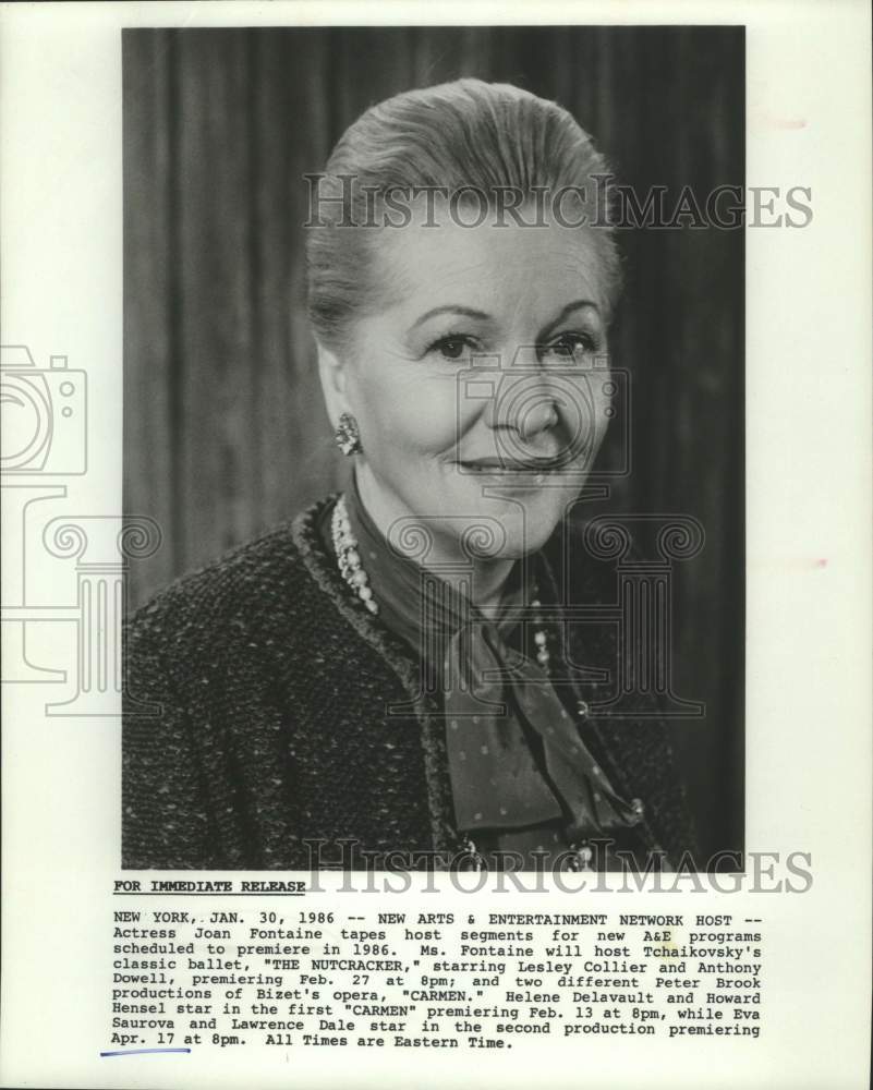 1986 Press Photo Actress Joan Fontaine hosts Arts & Entertainment programs- Historic Images