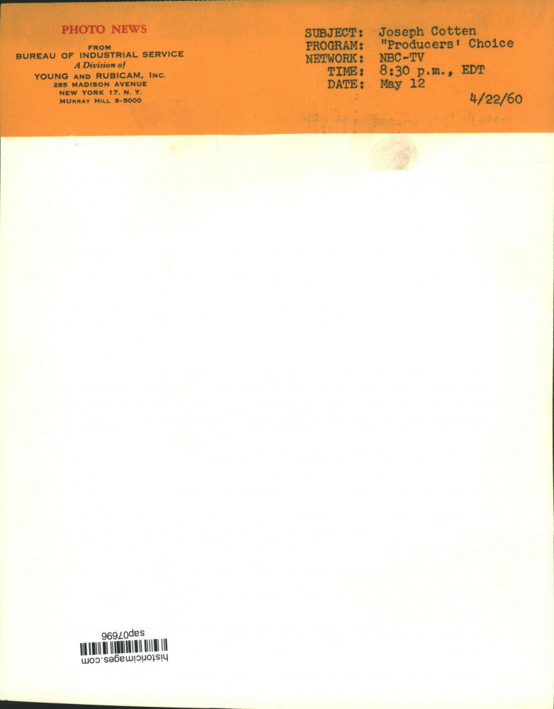 1960 Press Photo Portrait of Actor Joseph Cotten, 'Producers' Choice on NBC-TV