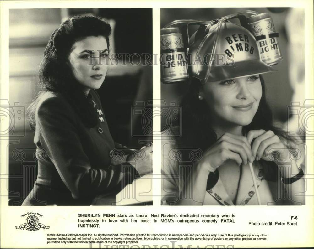 1993 Press Photo Actress Sherilyn Fenn in "Fatal Instinct" movie in two scenes- Historic Images