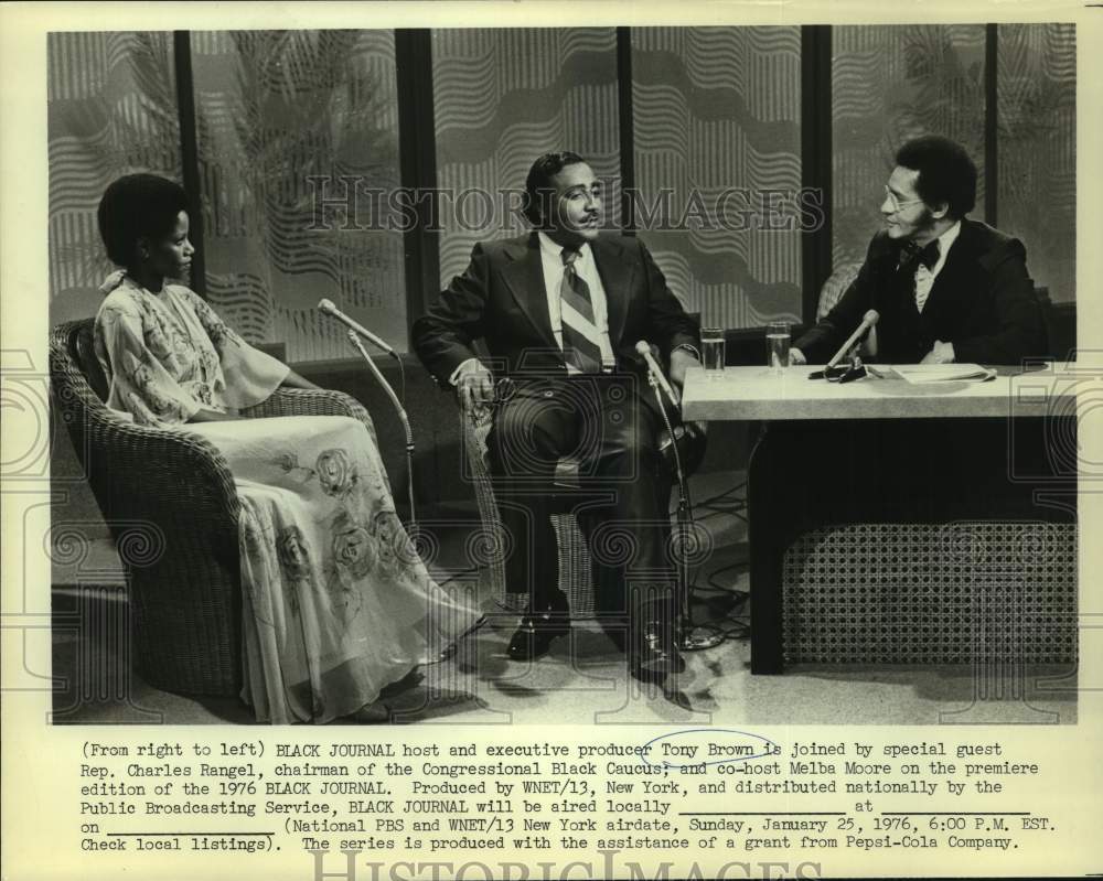 1976 Press Photo Tony Brown, Representative Charles Rangel, Melba Moore speak- Historic Images