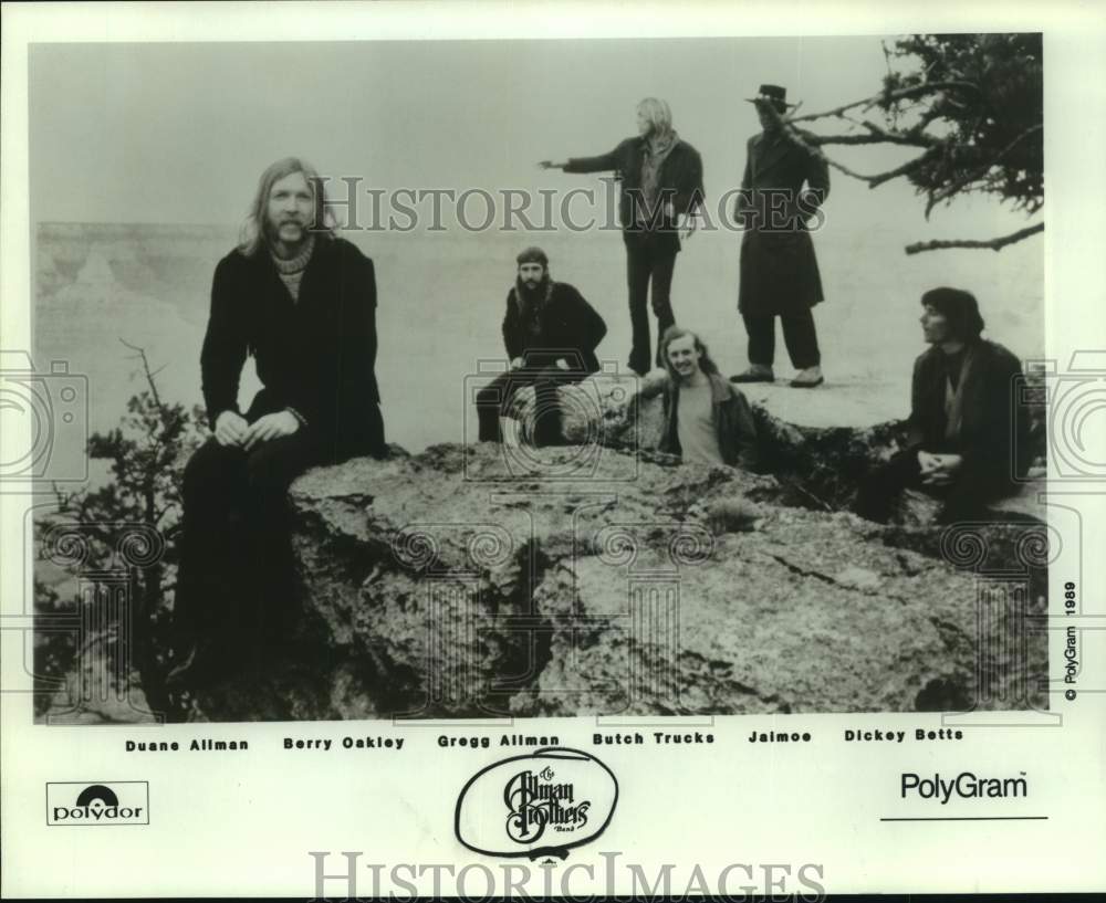 1989 Press Photo Allman Brothers Band, Six Members pose on mountains - sap09621- Historic Images