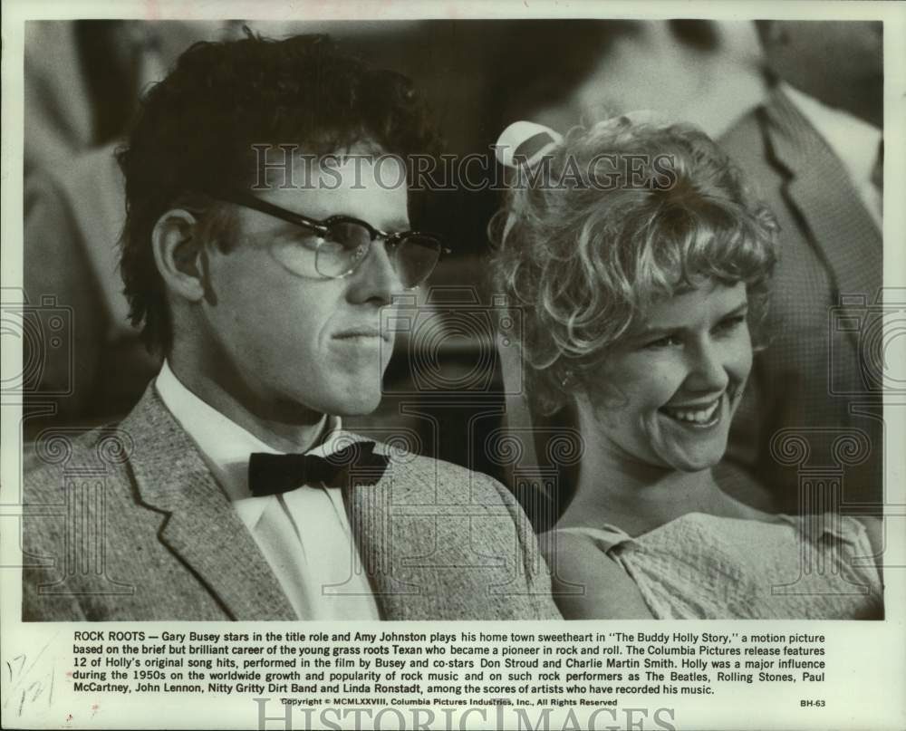 1978 Press Photo Actors Gary Busey and Amy Johnston in "The Buddy Holly Story"- Historic Images