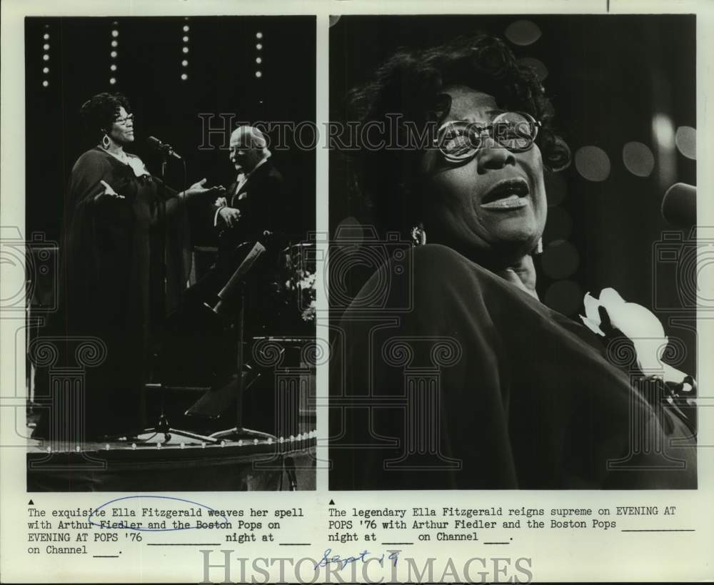 1976 Press Photo Singer Ella Fitzgerald performs on Evening at Pops '76- Historic Images