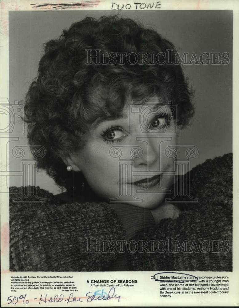 1980 Press Photo Actress Shirley MacLaine in &quot;A Change of Seasons&quot; movie- Historic Images