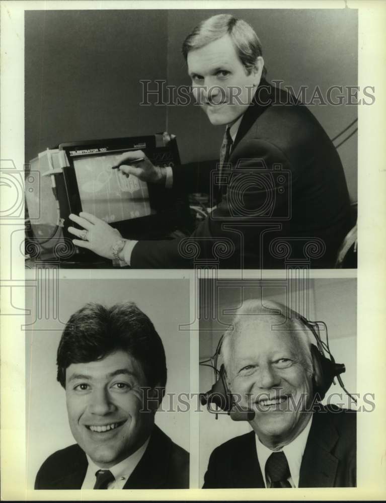 1986 Press Photo NBC Sportscaster Charlie Jones with Jimmy Cefalo, Bob Griese- Historic Images