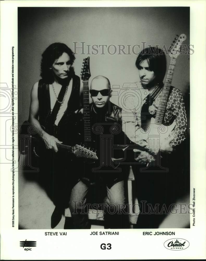 1996 Press Photo G3 band, Steve Vai, Joe Sartiami and Eric Johnson, musicians- Historic Images