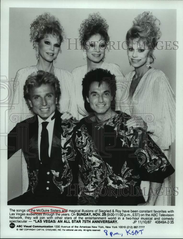 1987 Press Photo The McGuire Sisters with illusionists Siegried &amp; Roy on ABC-TV- Historic Images