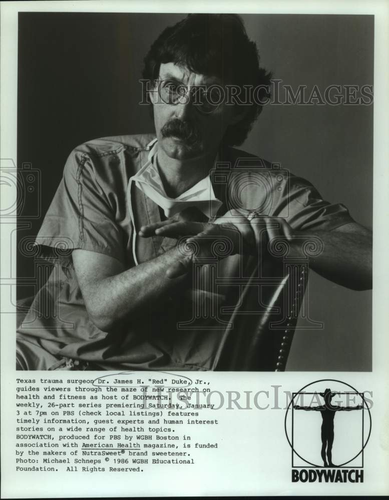 1986 Press Photo Texas Trauma Surgeon Dr. James H. &quot;Red&quot; Duke, Jr. on Bodywatch- Historic Images