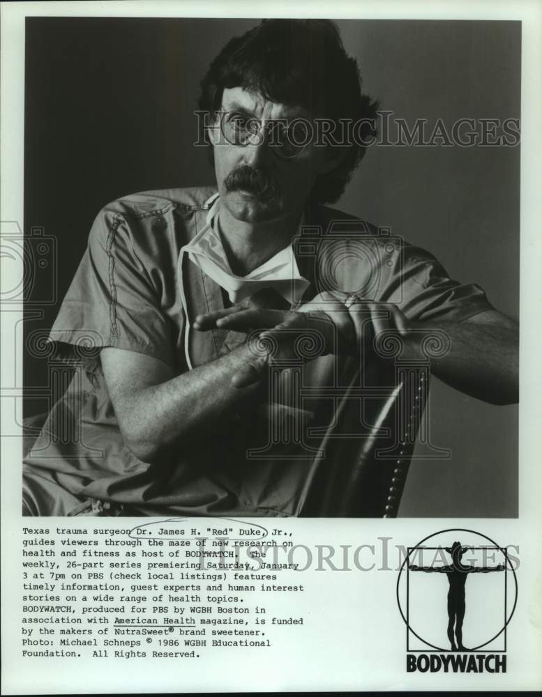 1986 Press Photo Texas Trauma Surgeon Dr. James H. "Red" Duke, Jr. on Bodywatch- Historic Images