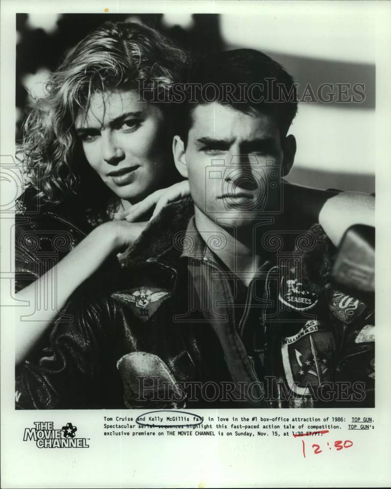 1986 Press Photo Tom Cruise and Kelly McGillis in Top Gun, on The Movie Channel.- Historic Images