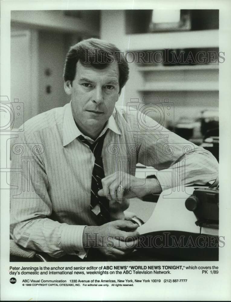 1989 Press Photo &quot;World News Tonight&quot; Anchor Peter Jennings on ABC Television- Historic Images