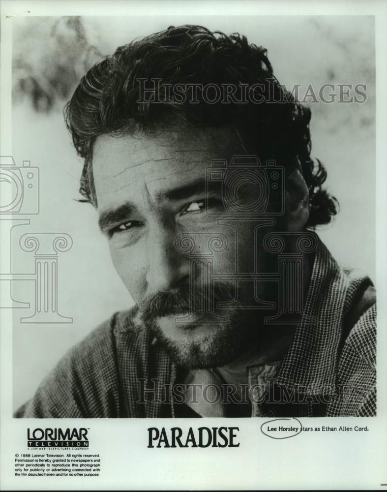 1986 Press Photo Actor Lee Horsley stars as Ethan Allen Cord in &quot;Paradise&quot; movie- Historic Images