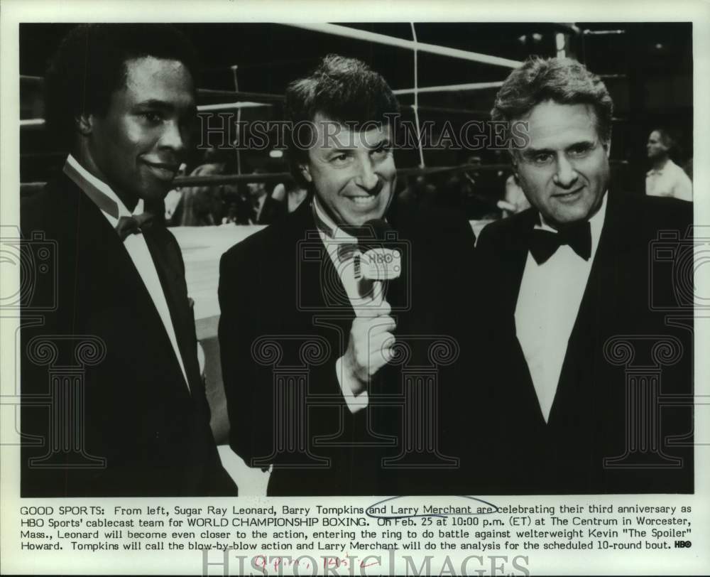 Press Photo Sugar Ray Leonard, Barry Tompkins and Larry Merchant on HBO Special- Historic Images