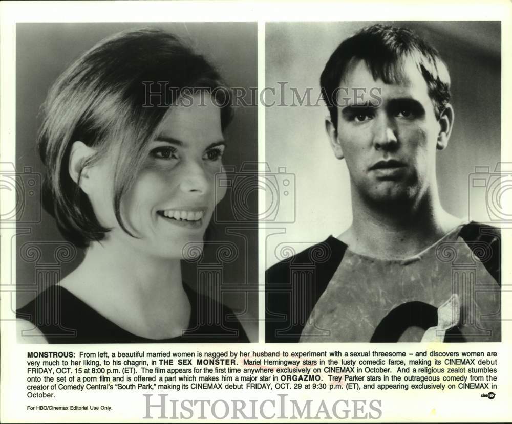 1999 Press Photo Actors Mariel Hemingway and Trey Parker in &quot;The Sex Monster&quot;- Historic Images