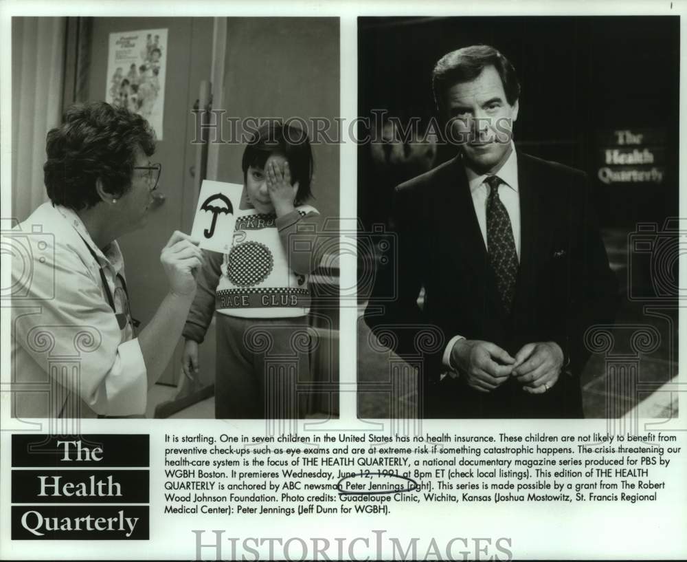 1991 Press Photo Peter Jennings on The Health Quarterly with child at eye exam- Historic Images